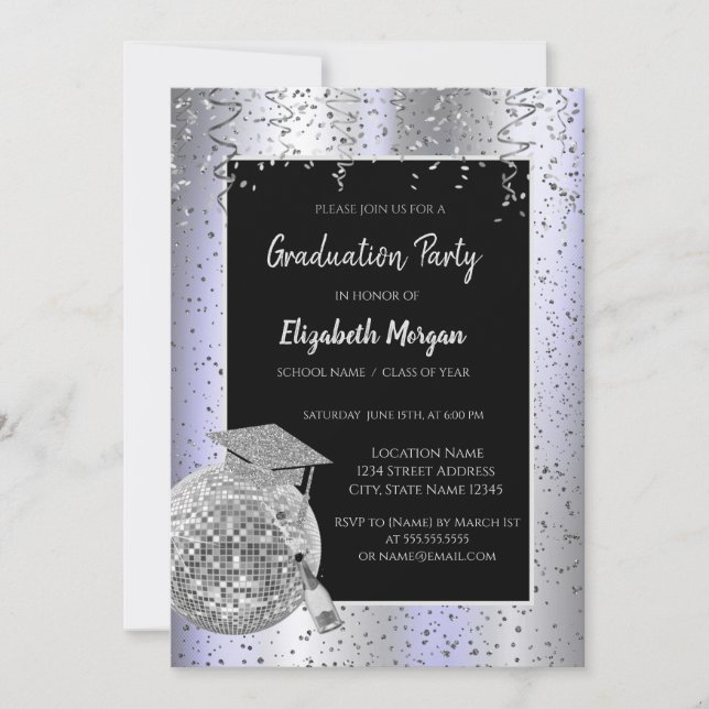 Silver Grad Cap,Disco Ball Confetti, Wine Lavander Invitation (Front)