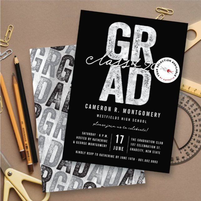 Silver GRAD Class of 2026 Stylish Graduation Party Invitation (Silver & Black Bold GRAD Class of 2025 Stylish Graduation Party Invite @ zazzle.com/color_therapy)