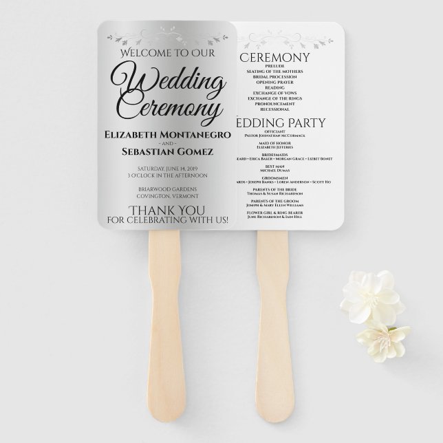 Silver Gradient & Flourish Elegant Wedding Program Hand Fan (Front and Back)