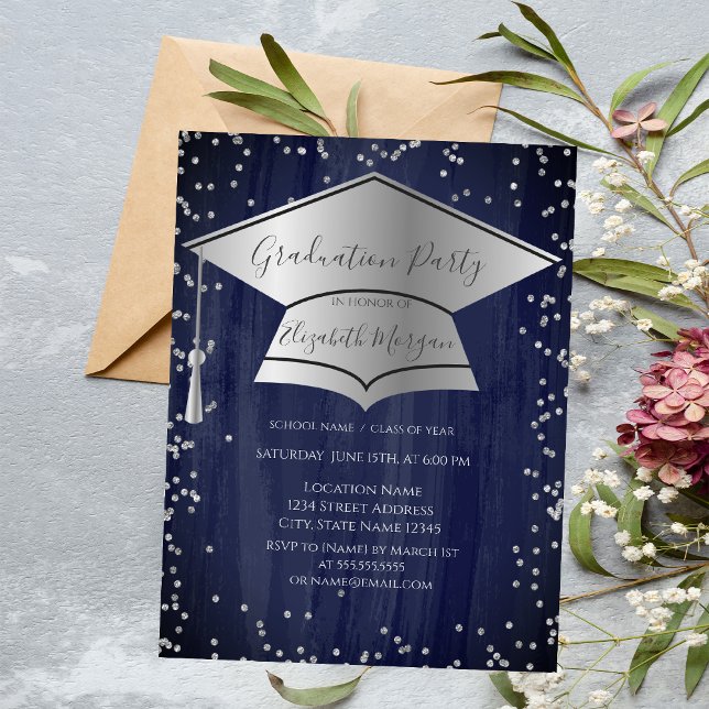 Silver Graduation Cap,Diamonds Blue Graduation Invitation (Creator Uploaded)