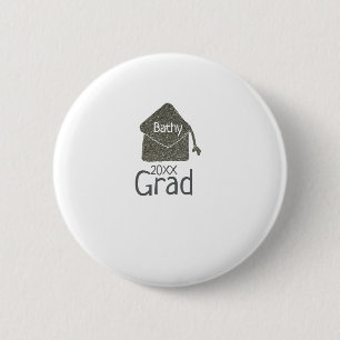 Silver graduation cap glitter add name grad year c 6 cm round badge