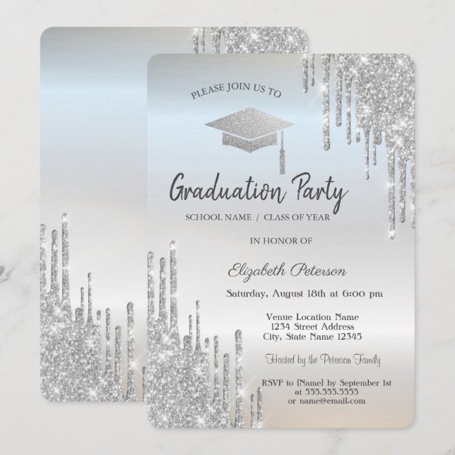 Silver Graduation Cap Glitter Drips Invitation (Front/Back)
