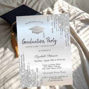 Silver Graduation Cap Glitter Drips Invitation