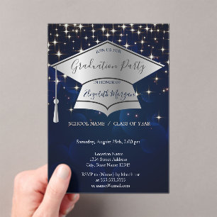 Silver Graduation Cap,Stars Blue Graduation Acrylic Invitations