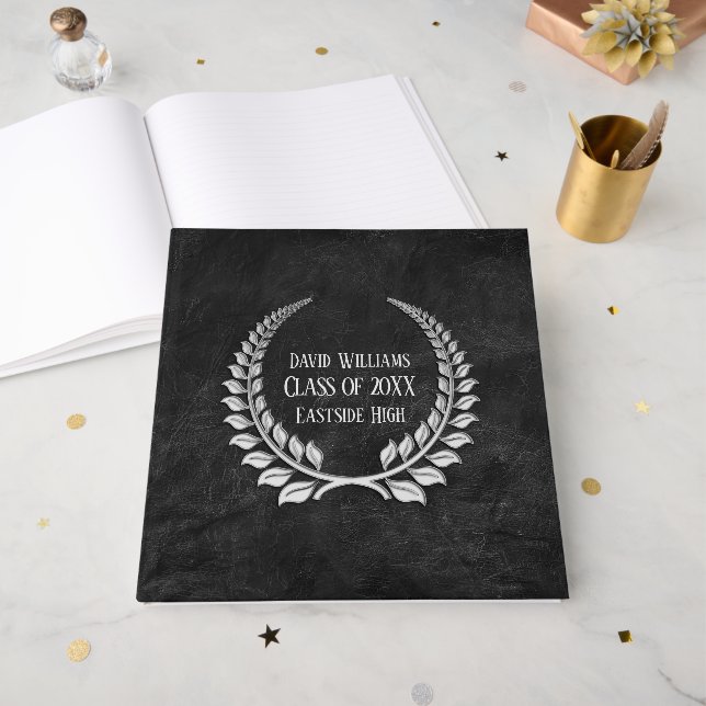 Silver Graduation Laurel on Black Leather Guest Book (Front Open)