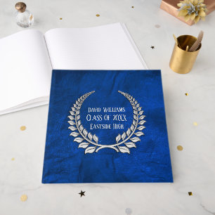 Silver Graduation Laurel on Blue Leather  Guest Book