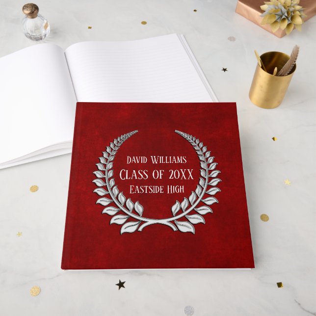 Silver Graduation Laurel on Red Guest Book (Front Open)