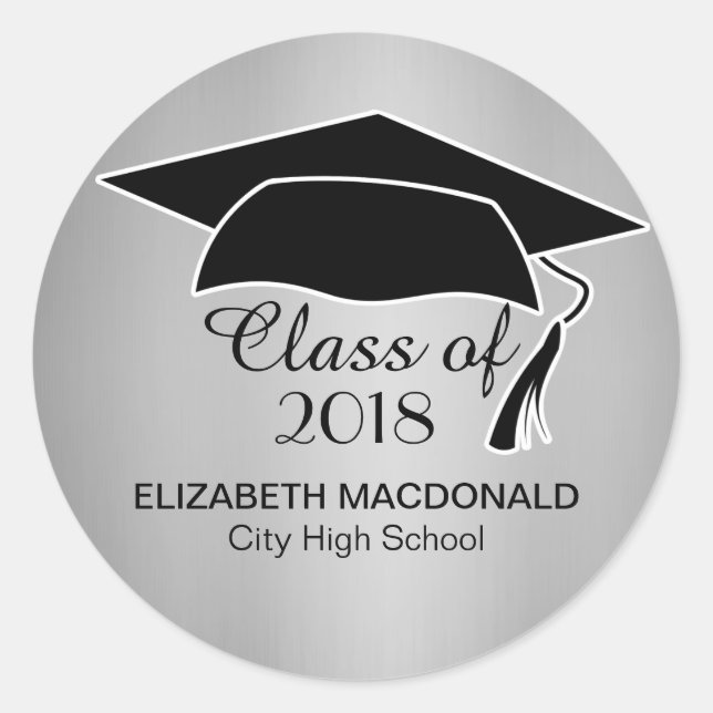 Silver Graduation Sticker Black Mortar Board Text (Front)