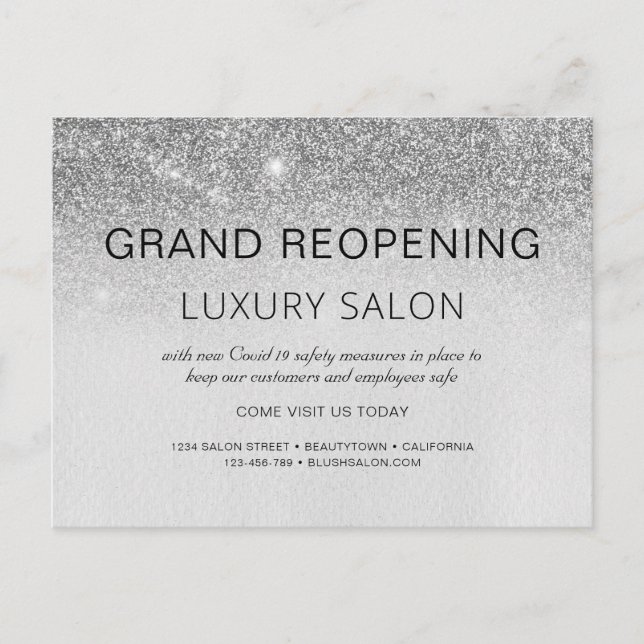 Silver Grand Reopening Glitter Luxury Hair Salon Announcement Postcard (Front)