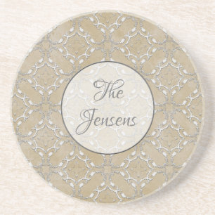 Silver Gray and Beige Metallic Filagree Pattern Coaster