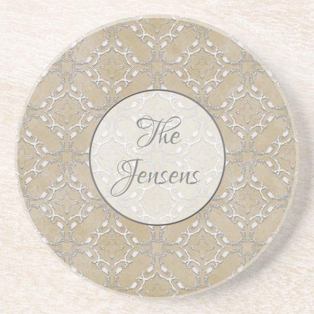 Silver Gray and Beige Metallic Filagree Pattern Coaster (Front)
