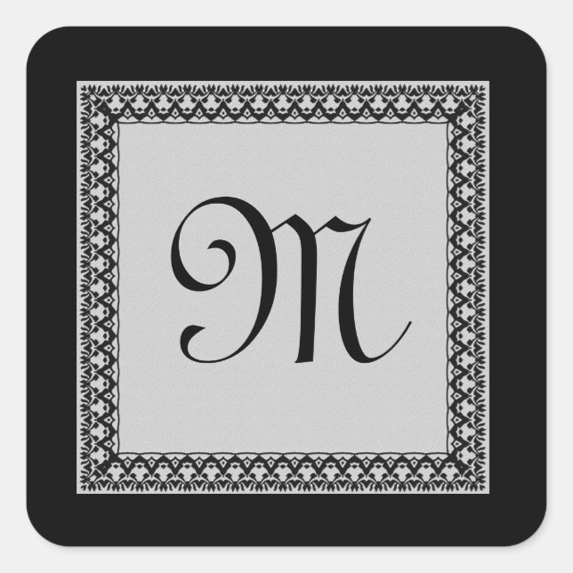 SILVER GRAY and BLACK  Monogram Square Sticker (Front)