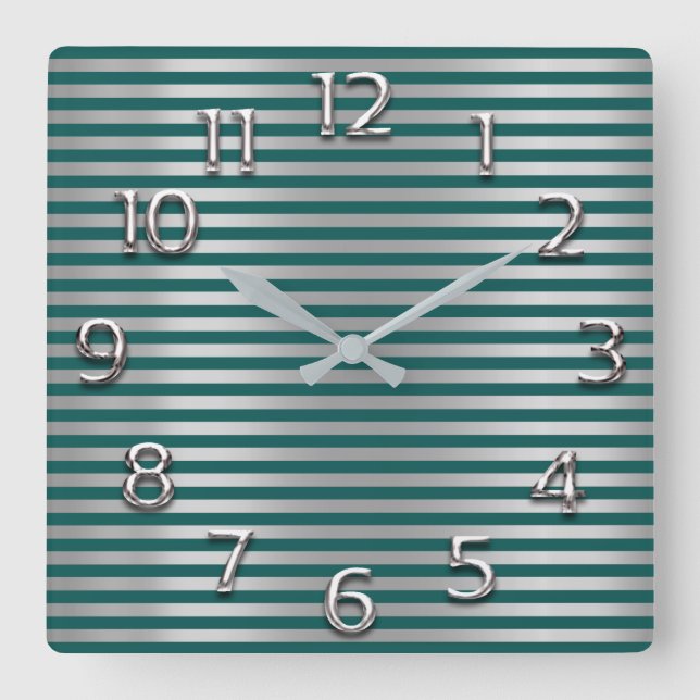 Silver Gray Arabic Numbers Teal Green Lines Stripe Square Wall Clock (Front)