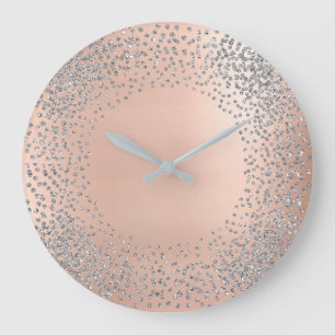 Silver Gray Crystals Confetti Glitter Blush Pink Large Clock