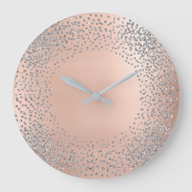 Silver Gray Crystals Confetti Glitter Blush Pink Large Clock (Front)