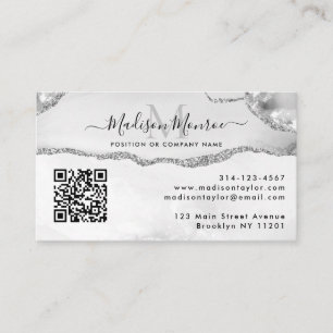 Silver Gray Custom Logo QR Code Agate Monogram Business Card