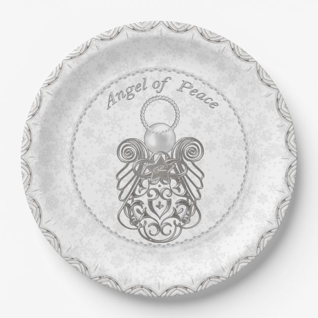 Silver Gray Filigree Christmas Angel of Peace Paper Plate (Front)