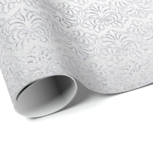 Silver Gray Floral Damask Floral Royal Stripes Wrapping Paper