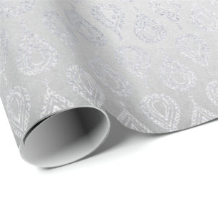 Silver Gray Floral Paisley Peacock Ornament Wrapping Paper