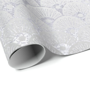 Silver Gray Floral Scales Seashells Art Deco Wrapping Paper
