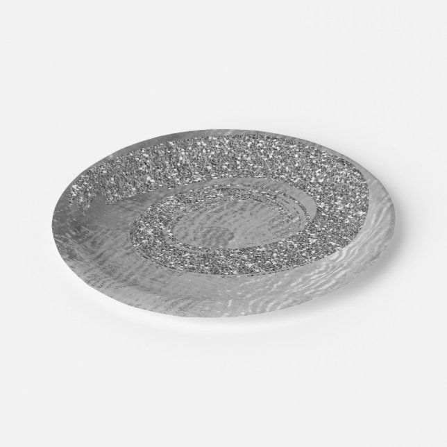 Silver Gray Glam Abstract Graphite Spiral Glitter Paper Plate (Angled)