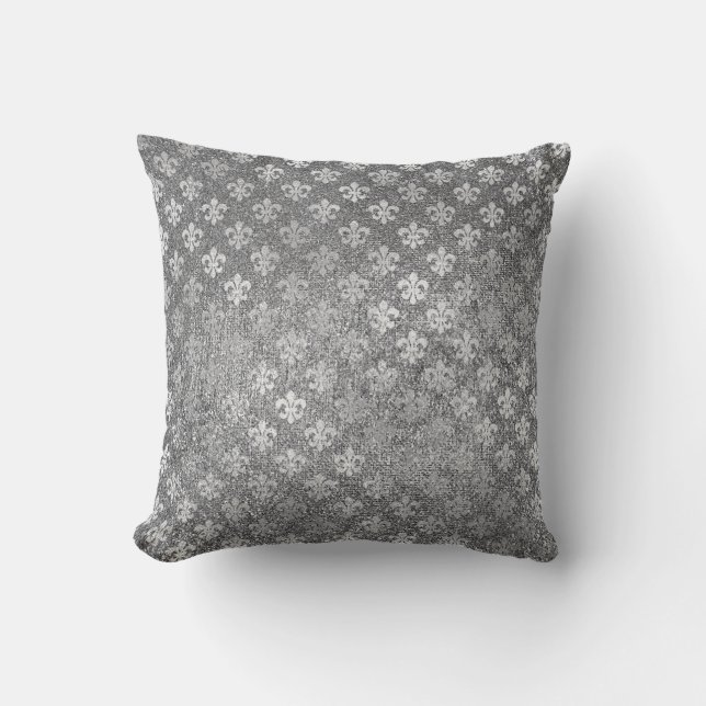 Silver Gray Glam Glass Glitter Fleur de Lis Cushion (Front)