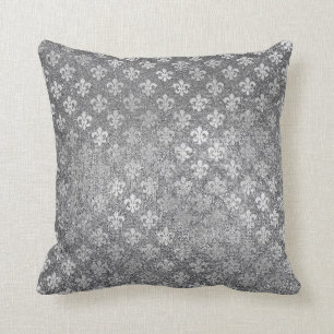 Silver Gray Glam Glass Glitter Fleur de Lis Cushion