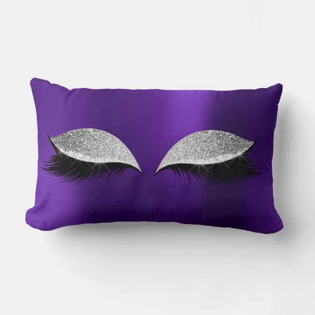 Silver Gray Glitter Black Glam Make Up Cat Purple Lumbar Cushion (Front)