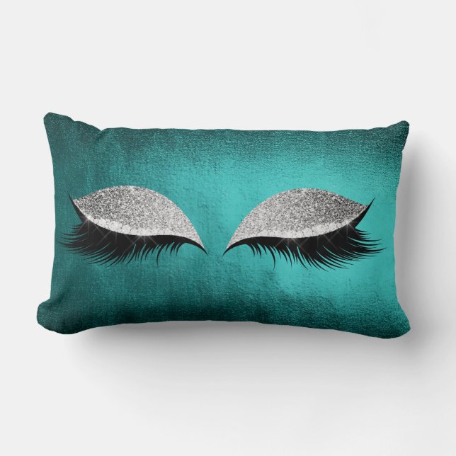 Silver Gray Glitter Black  Makeup Crystals Teal Lumbar Cushion (Front)