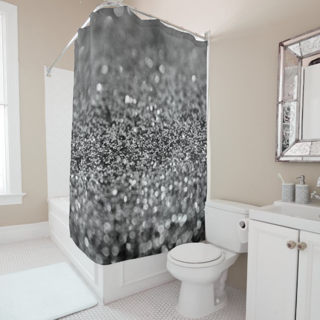 Silver Gray Glitter Bokeh Glam 2 Shower Curtain (In Situ)