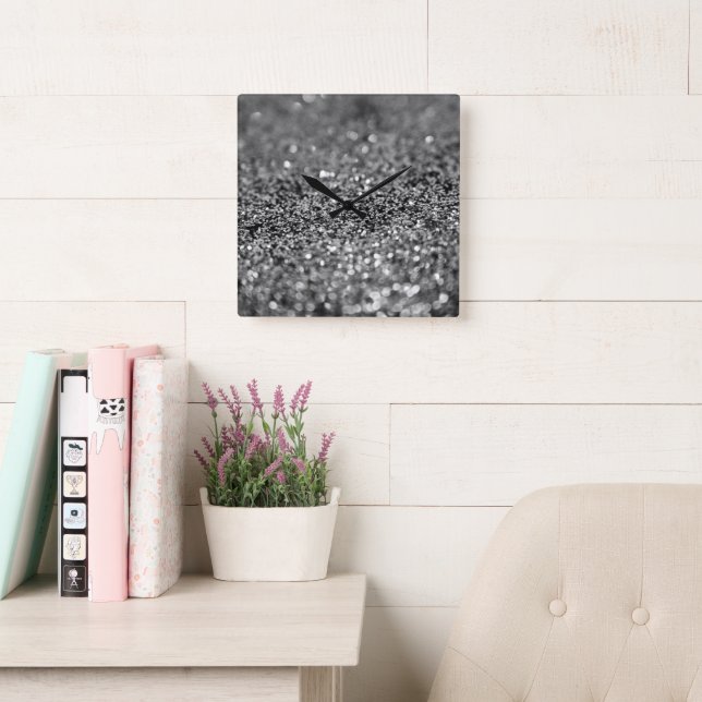 Silver Gray Glitter Bokeh Glam 2 Square Wall Clock (Reading Room)