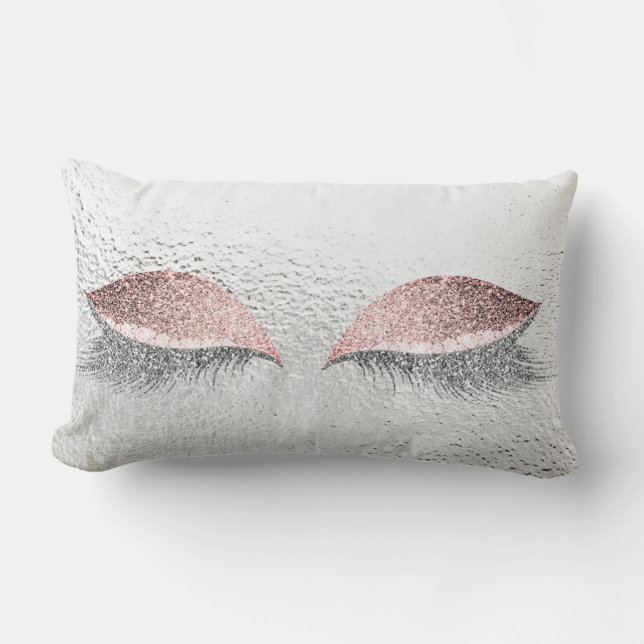 Silver Gray Glitter Eyes Pink Glam Makeup Glass Lumbar Cushion (Front)