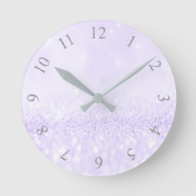 Silver Gray Glitter Minimal Lavender Purple Round Clock (Front)