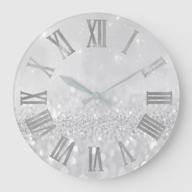 Silver Gray Glitter Minimal Metallic Roman Numers Large Clock (Front)