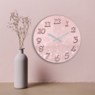 Silver Gray Glitter Minimal Pink Rose Blush Girly Large Clock