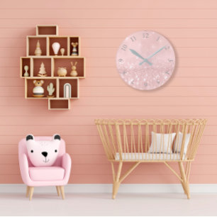 Silver Gray Glitter Minimal Pink Rose Blush Round Clock