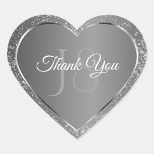 Silver Gray Glitter Stars Initials Cute Thank You Heart Sticker