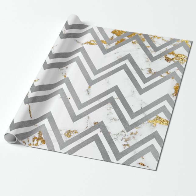 Silver Gray Gold Marble Carrara Chevron Zig Zag Wrapping Paper (Unrolled)