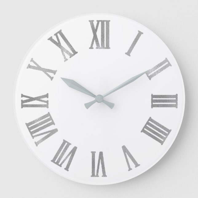 Silver Gray  Grey White Minimal  Roman Numbers Lux Large Clock (Front)