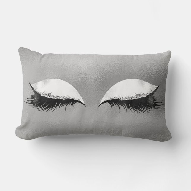 Silver Gray  Lashes Glass White Glitter Makeup Lumbar Cushion (Front)