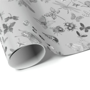 Silver Gray Meadow Butterfly Insects Gems Diamond Wrapping Paper