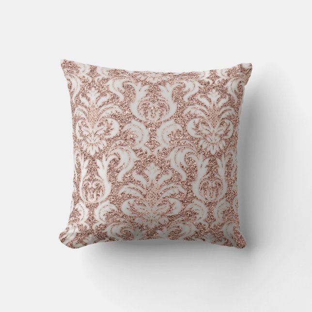 Silver Gray Metal Damask Rose Pink Blush Glitter Cushion (Front)