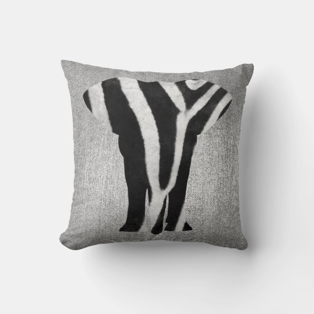 Silver Gray Metallic Black Zebra Skin Elephant Cushion (Front)