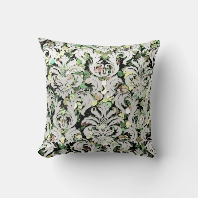 Silver Gray Metallic Damask Woodland Green Lux Cushion (Front)