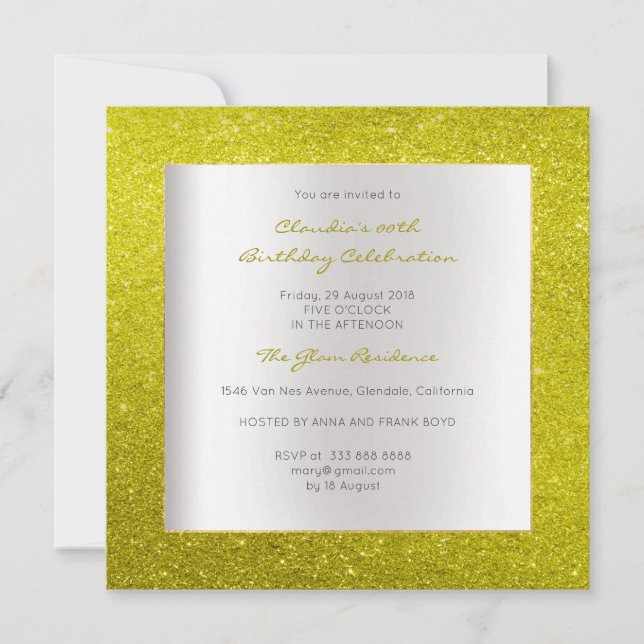 Silver Gray Minimal Birthday Yellow Lemon Glitter Invitation (Front)