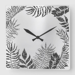 Silver Gray Minimal Black Glitter Metallic Botanic Square Wall Clock