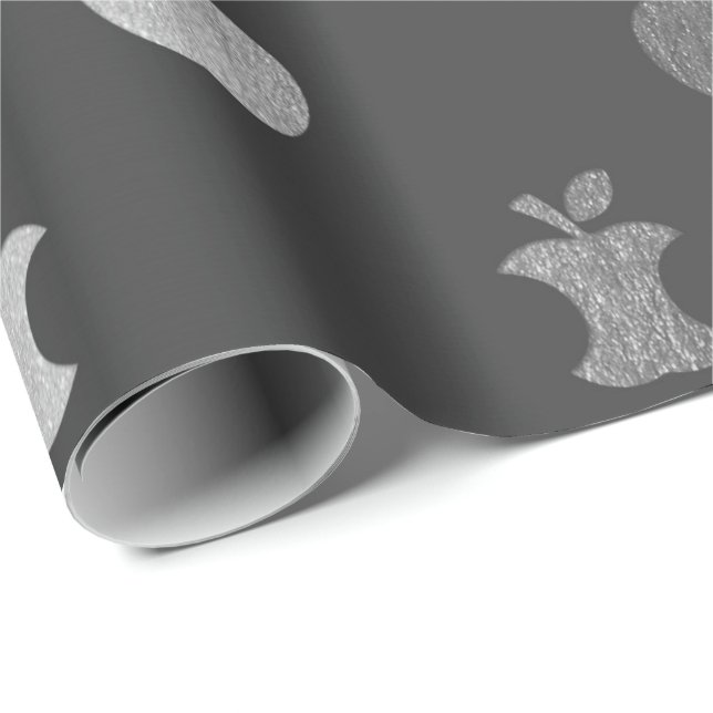 Silver Gray Monochromatic Metallic Apple Fruit Wrapping Paper (Roll Corner)