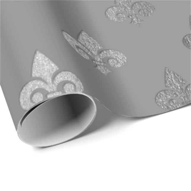 Silver Gray Monochromatic Metallic Fleur-de-lis Wrapping Paper (Roll Corner)