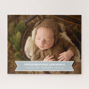 Silver Gray Newborn Baby Boy Birth Stats Photo Jigsaw Puzzle