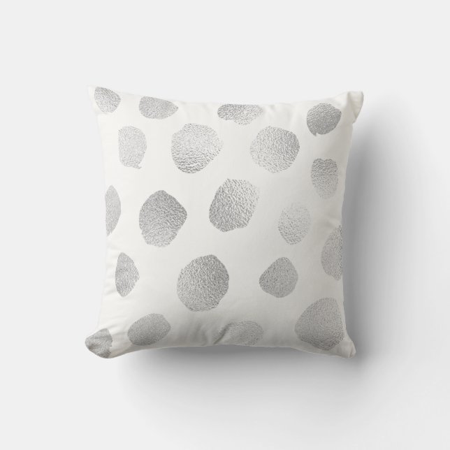 Silver Gray Painted Metallic Polka Dots White Cushion (Front)